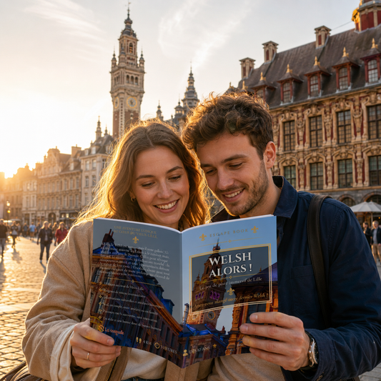 Couple jouant à Welsh alors, jeu de piste et Escape Book dans le Vieux-Lille